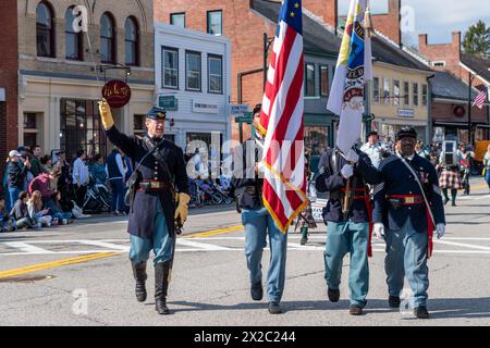 Patriots' Day in Concord, zum Gedenken an die ersten Schlachten des Amerikanischen Unabhängigkeitskrieges. Stockfoto