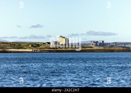 Inner Farne, eine der Farne-Inseln, Northumberland, mit Bamburgh Castle in der Ferne Stockfoto