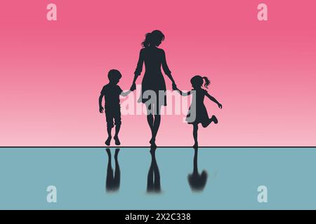 Silhouette einer Mutter und zwei Kinder auf rosa Hintergrund. Es symbolisiert die starke Bindung der Mutterschaft und ist ideal für den Muttertag. Stock Vektor