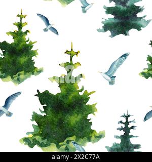 Nahtloses Muster mit hellgrünem Baum und fliegenden Möwen. Dekorativer Hintergrund mit handgemaltem immergrünen Waldbaum. Dekorativer Hintergrund mit Stockfoto