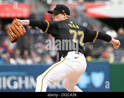 Pittsburgh, Usa. April 2024. Pittsburgh Pirates Pitcher Ryder Ryan (72) wirft im sechsten Inning gegen die Boston Red Sox im PNC Park am Sonntag, den 21. April 2024 in Pittsburgh. Foto: Archie Carpenter/UPI Credit: UPI/Alamy Live News Stockfoto