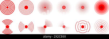 Symbole zur Lokalisierung von Schmerzen. Rote konzentrische Kreise. Zeichen für Wunde oder Entzündung. Puls- oder Kopfschmerzzeichen. Schockwellen-, Radar- oder Tonsignalpiktogramme isoliert auf weißem Hintergrund. Vektorabbildung. Stock Vektor