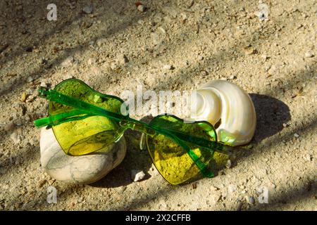 Grüne Sonnenbrille in Herzform, Muschel am Sandstrand. Urlaub in der Nähe des Ozeans im tropischen Sommerresort. Palmen abstrakte vertikale Schatten. Stockfoto