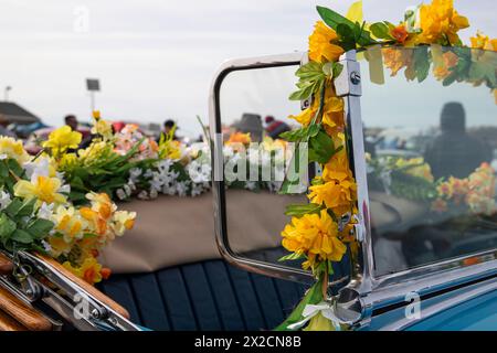 Newport, RI. Audrain's Daffodil Parade mit dekorierten Motorsportwagen am Second Beach. April 2024. @ Veronica Bruno / Alamy Live News Stockfoto