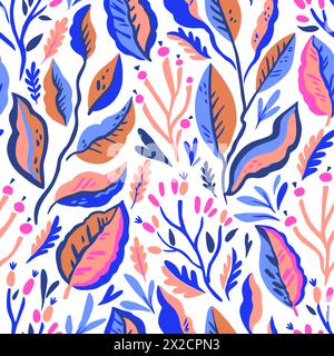 Buntes botanisches Doodle-Muster. Vektordruck mit handgezeichneten einfachen Pflanzenelementen Stock Vektor