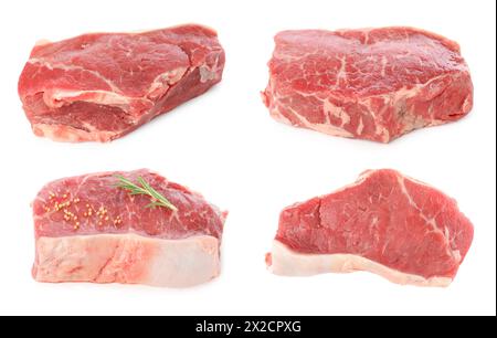 Rohe Rindersteaks isoliert auf weiß, Set Stockfoto