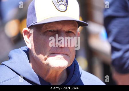 St. Louis, Usa. April 2024. Milwaukee Brewers Manager Pat Murphy beobachtet die Action vom Dugout gegen die St. Louis Cardinals im Busch Stadium in St. Louis am Sonntag, 21. April 2024. Foto: Bill Greenblatt/UPI Credit: UPI/Alamy Live News Stockfoto