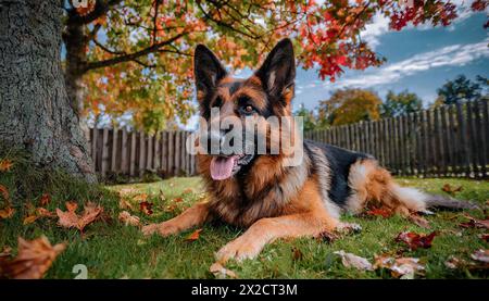 Ein großer Deutscher Schäferhund legt sich auf den Hof seines Besitzers Stockfoto