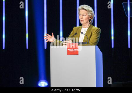 Hannover Messe Eröffnung 2024 Ursula von der Leyen, Präsidentin der Europäischen Kommission, Rede im Kuppelsaal Hannover Hannover Congress Centrum HCC, Niedersachsen Deutschland *** Hannover Messe Eröffnung 2024 Ursula von der Leyen, Präsidentin der Europäischen Kommission, Rede im Kuppelsaal Hannover Congress Centrum HCC, Niedersachsen Deutschland Stockfoto