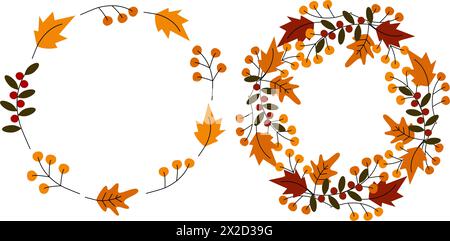 Abstrakt Runde Kränze aus Blättern und Zweigen in trendigen Herbsttönen Thanksgiving Grußkonzept 2er Set Kopierraum Vorlage für Buchstaben isolieren EPS Vektor für Karten, Poster, Banner, Broschüren Stock Vektor