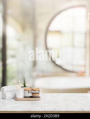 Badeaccessoires auf einer luxuriösen Tischplatte aus weißem Marmor in modernem, luxuriösem Badezimmer mit Badewanne. Nahaufnahme. 3D-Rendering, 3D-Abbildung Stockfoto