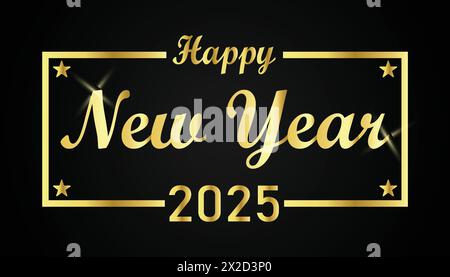 Frohes Neues Jahr 2025. Goldene Inschrift auf schwarzem Hintergrund. Vektorabbildung. Stock Vektor