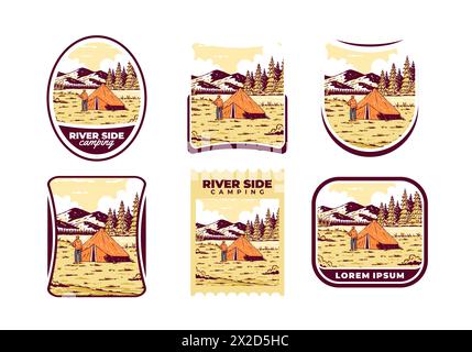 Camping am Fluss. Vintage-Design mit Illustrationen für den Außenbereich Stock Vektor