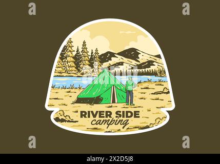 Camping am Fluss. Vintage-Design mit Illustrationen für den Außenbereich Stock Vektor