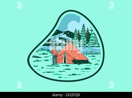 Camping am Fluss. Vintage-Design mit Illustrationen für den Außenbereich Stock Vektor