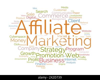 Affiliate Marketing Word Cloud-Vorlage. Hintergrund des Konzepts des Geschäftsmodells. Stock Vektor