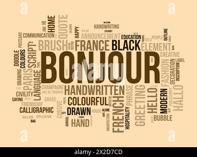 Bonjour Word Cloud-Vorlage. Hintergrund des Begrüßungskonzepts. Stock Vektor
