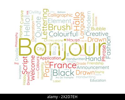 Bonjour Word Cloud-Vorlage. Hintergrund des Begrüßungskonzepts. Stock Vektor