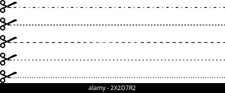 Schere mit Schnittlinien. Vektorsammlung von horizontalen gestrichelten Strichen und Scheren, die das Papier durch die verschiedenen Linien schneiden. Symbole für Papierschnitt Stock Vektor