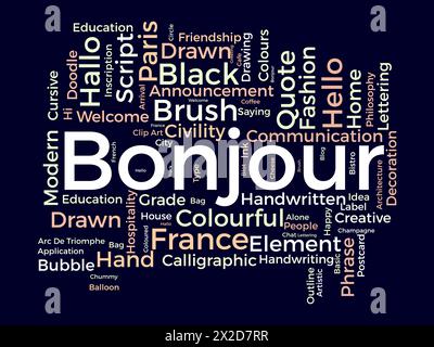 Bonjour Word Cloud-Vorlage. Hintergrund des Begrüßungskonzepts. Stock Vektor