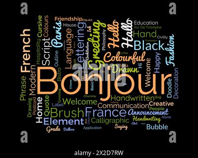 Bonjour Word Cloud-Vorlage. Hintergrund des Begrüßungskonzepts. Stock Vektor