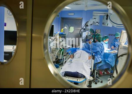 Chirurgen, chirurgische Eingriffe der Augen, Grauer Star, Operationssaal der Augenheilkunde, Krankenhaus Donostia, San Sebastian, Gipuzkoa, Baskenland, Sp Stockfoto