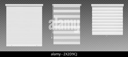Jalousie für Fenster- oder Eingangstüren. Realistische 3D-Vektor-Illustration Set von verschiedenen Arten von Jalousie - Metall-, Kunststoff- und Stoffladen sowie Rollverkleidungen und Lüftungsschlitze. Stock Vektor