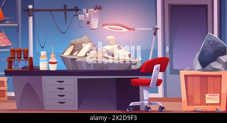 Fossil-Laboreinrichtung mit Forschungswerkzeugen und Exponaten zur Untersuchung. Paläontologiekabine im Inneren mit Dinosaurierknochen auf Tisch unter Lupe. Cartoon Vektor Archäologie Forscher Wissenschaft Labor. Stock Vektor
