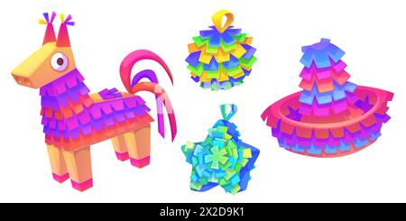 Traditionelle mexikanische Pinata für Geburtstagsfeier oder Cinco de Mayo Festival. Zeichentrickvektor-Set von bunten Papiermaché-Vergnügungsspielzeug mit Süßigkeiten und Süßigkeiten in Form von Esel, Stern und Ball. Stock Vektor