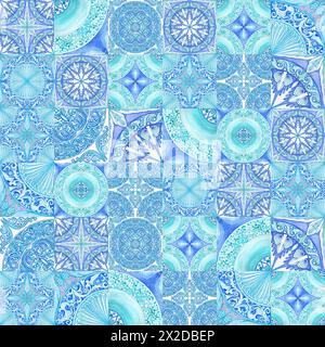 Nahtloses Muster aus blauem Majolika in Aquarellfarbe. Großer Satz italienischer Fliesen für Stoff und Tapeten. Sizilianisches traditionelles handgezeichnetes Ornament. Azulejos End Stockfoto