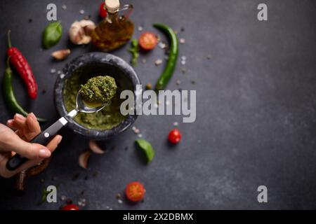Frau, die grüne Soße in einem Steinmörtel mischt Stockfoto
