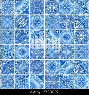 Nahtloses Muster aus blauem Majolika in Aquarellfarbe. Großer Satz italienischer Fliesen für Stoff und Tapeten. Sizilianisches traditionelles handgezeichnetes Ornament. Azulejos End Stockfoto