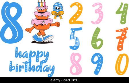 Happy Birthday Banner im Retro Groovy Style. Vintage Walking Charakter und Zahlen. Funky Maskottchen psychedelisches Lächeln. Stock Vektor