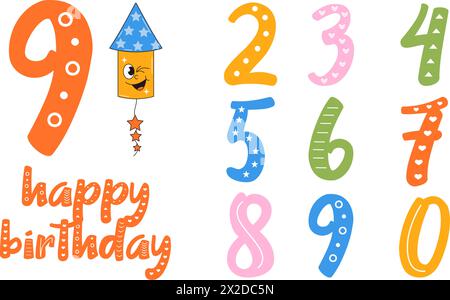 Happy Birthday Banner im Retro Groovy Style. Vintage Walking Charakter und Zahlen. Funky Maskottchen psychedelisches Lächeln. Stock Vektor