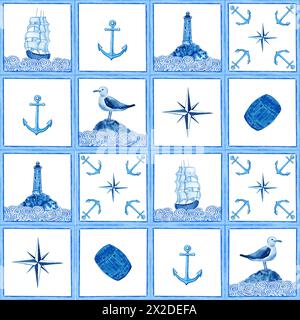 Set aus blauen Aquarellfliesen im Marinestil. Handgezeichnetes sizilianisches traditionelles Ornament zum Thema Seereise. Italienischer Hintergrund für f Stockfoto