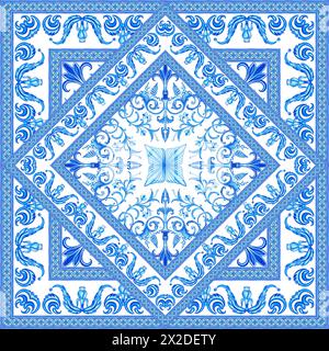Keramikfliesen in blauen Farben. Sizilianisches nahtloses Ornament. Barocker Aquarellhintergrund. Handgezeichnetes königliches Ornament. Mediterranes italienisches Muster. Stockfoto