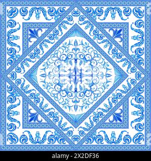 Keramikfliesen in blauen Farben. Sizilianisches nahtloses Ornament. Barocker Aquarellhintergrund. Handgezeichnetes königliches Ornament. Mediterranes italienisches Muster. Stockfoto
