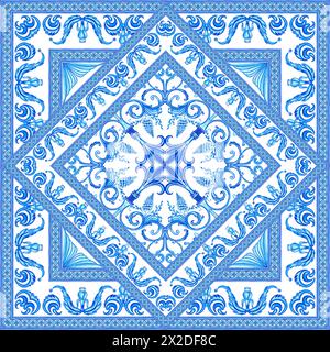 Keramikfliesen in blauen Farben. Sizilianisches nahtloses Ornament. Barocker Aquarellhintergrund. Handgezeichnetes königliches Ornament. Mediterranes italienisches Muster. Stockfoto