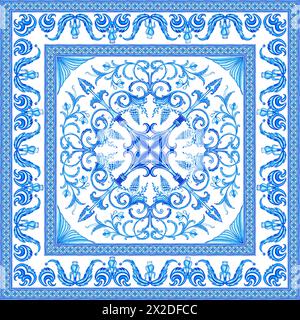 Keramikfliesen in blauen Farben. Sizilianisches nahtloses Ornament. Barocker Aquarellhintergrund. Handgezeichnetes königliches Ornament. Mediterranes italienisches Muster. Stockfoto