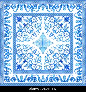 Keramikfliesen in blauen Farben. Sizilianisches nahtloses Ornament. Barocker Aquarellhintergrund. Handgezeichnetes königliches Ornament. Mediterranes italienisches Muster. Stockfoto