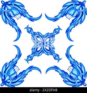 Keramikfliesen in blauen Farben. Sizilianisches nahtloses Ornament. Barocker Aquarellhintergrund. Handgezeichnetes königliches Ornament. Mediterranes italienisches Muster. Stockfoto