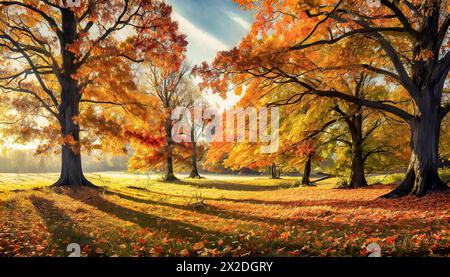 Ein Feld voller Bäume mit Herbstlaub und Sonne am späten Nachmittag Stockfoto