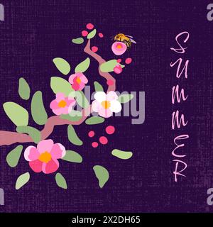 Postkartenschablone Zweig eines blühenden Apfelbaums im Hintergrund. Rosa Sakura. Rechteckige Bannerstruktur für das Sommerposter. Illustration des flachen Vektors Stock Vektor