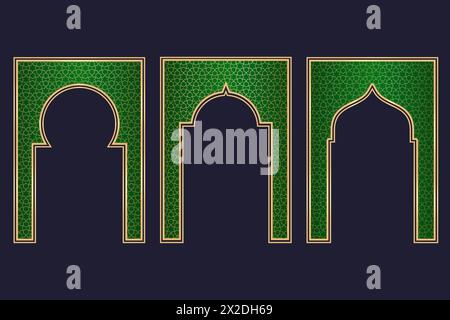 Ramadan islamischer Bogenrahmen mit Ornament. Vektor muslimische traditionelle Tür Illustration für Hochzeit Einladung Post und Vorlagen. Golden und grün Stock Vektor