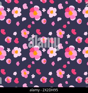 Nahtloses Muster Sakura Blumen dunkler Hintergrund Textur Hand gezeichnet Rosa Kirschblüten helles Ornament Vektor flache Illustration Stock Vektor