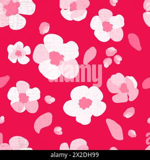 Nahtloses Muster traditioneller Apfelbaumzweig Blumen roter Hintergrund Textur Hand gezeichnet Folk weiß rosa Blüten Gänseblümchen Blätter helles Ornament Vektor flache Illustration Stock Vektor