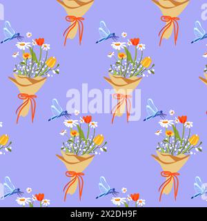 Muster nahtloser Hintergrund Sommerstrauß Wilde Frühlingsblumen Poster quadratische Banner Textur. Tapete Textilbekleidung flache Vektor-Illustration Stock Vektor