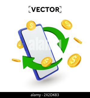 3D-Cashback-Banner-Vorlage mit Smartphone, goldene Münzen mit umherfliegenden Dollarzeichen, Fahrradpfeile, isoliert auf weißem Hintergrund. Erträge und Investitionen. 3D-Vektordarstellung. Vektorabbildung Stock Vektor