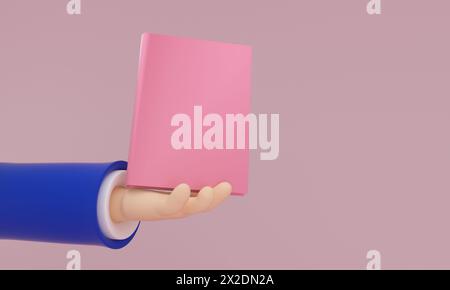 Eine 3D-Illustration, die eine Zeichentrickhand in einem blauen Ärmel zeigt, die ein einfaches pinkfarbenes Buch vor einem weichen Hintergrund darstellt. Stockfoto