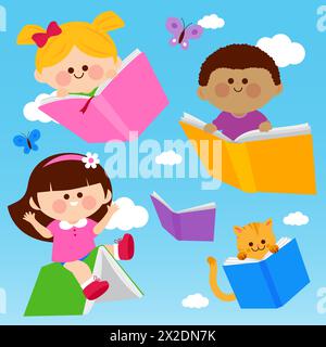 Glückliche Kinder, die mit Büchern am Himmel fliegen. Kinder buchen Tagesfeier. Stockfoto